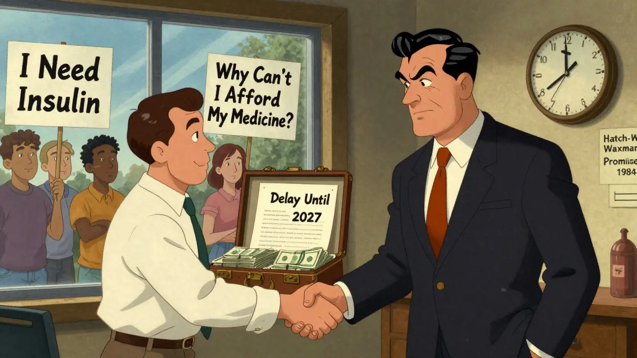 Secret deal between drug companies exchanging cash for delayed generic release as patients beg for medicine.