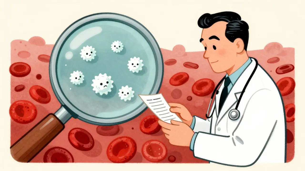 A doctor reviewing a blood test showing a very low number of white blood cells.