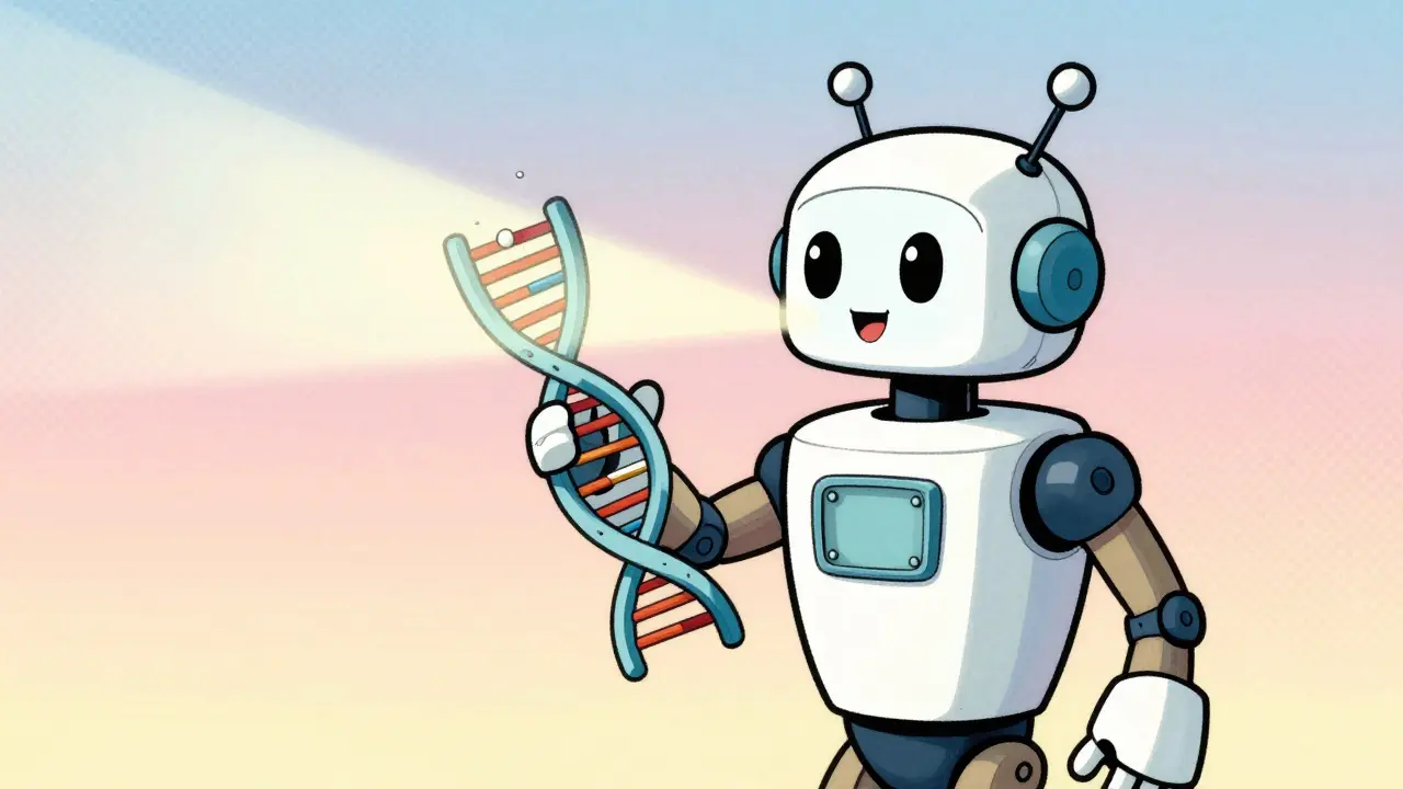 A retro-style AI robot scanning a DNA strand to predict medication risks.