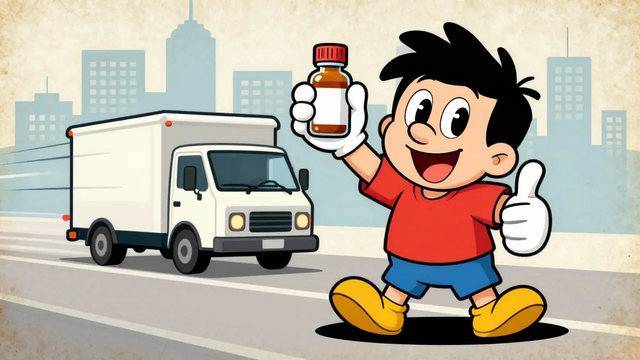 Happy person with a medicine bottle and a delivery truck in the background in vintage cartoon style