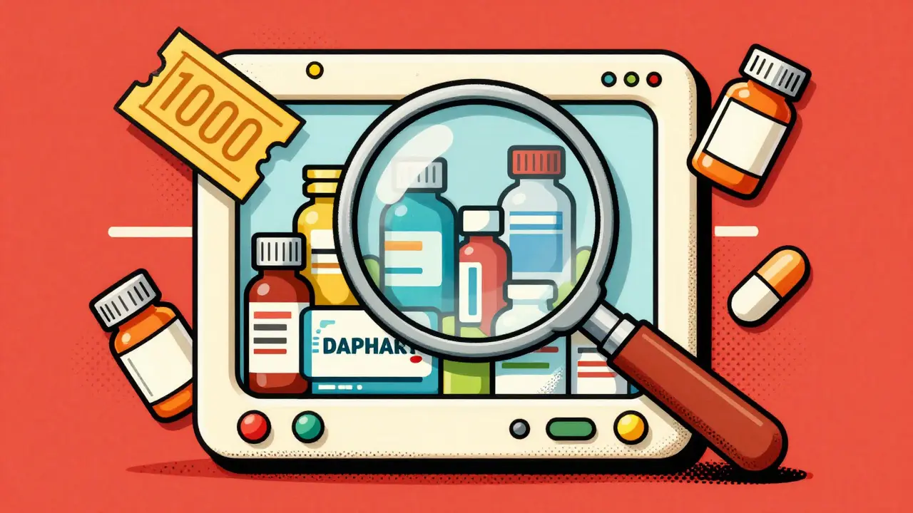 Magnifying glass examining pharmacy options and coupons on a retro screen in vintage cartoon style