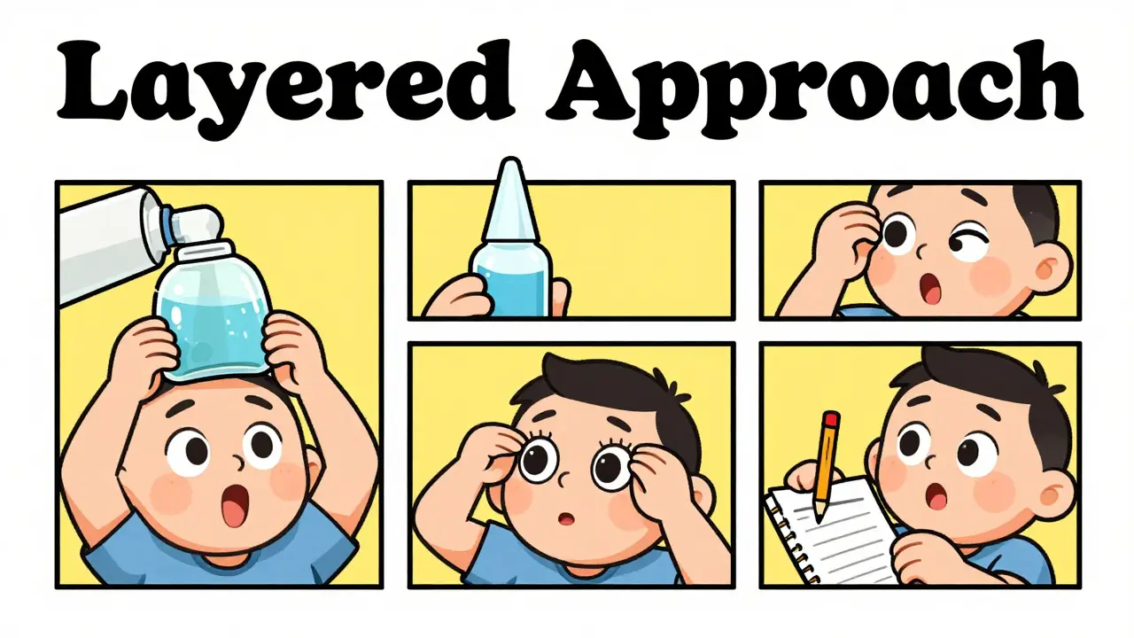 Man performing a layered allergy routine including nasal rinse and keeping a health log