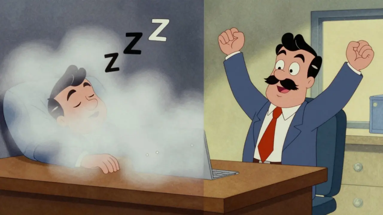 Split screen showing a sleepy man versus an alert man in a retro cartoon style