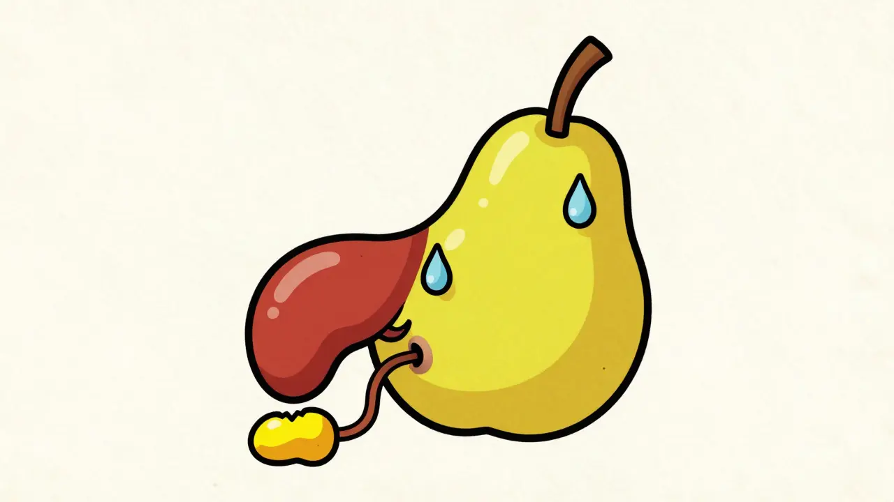 Vintage cartoon illustration of a gallstone blocking a gallbladder duct.