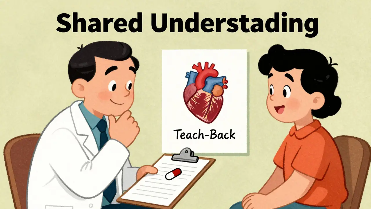 Vintage cartoon of a doctor and patient collaborating and discussing a treatment plan together.