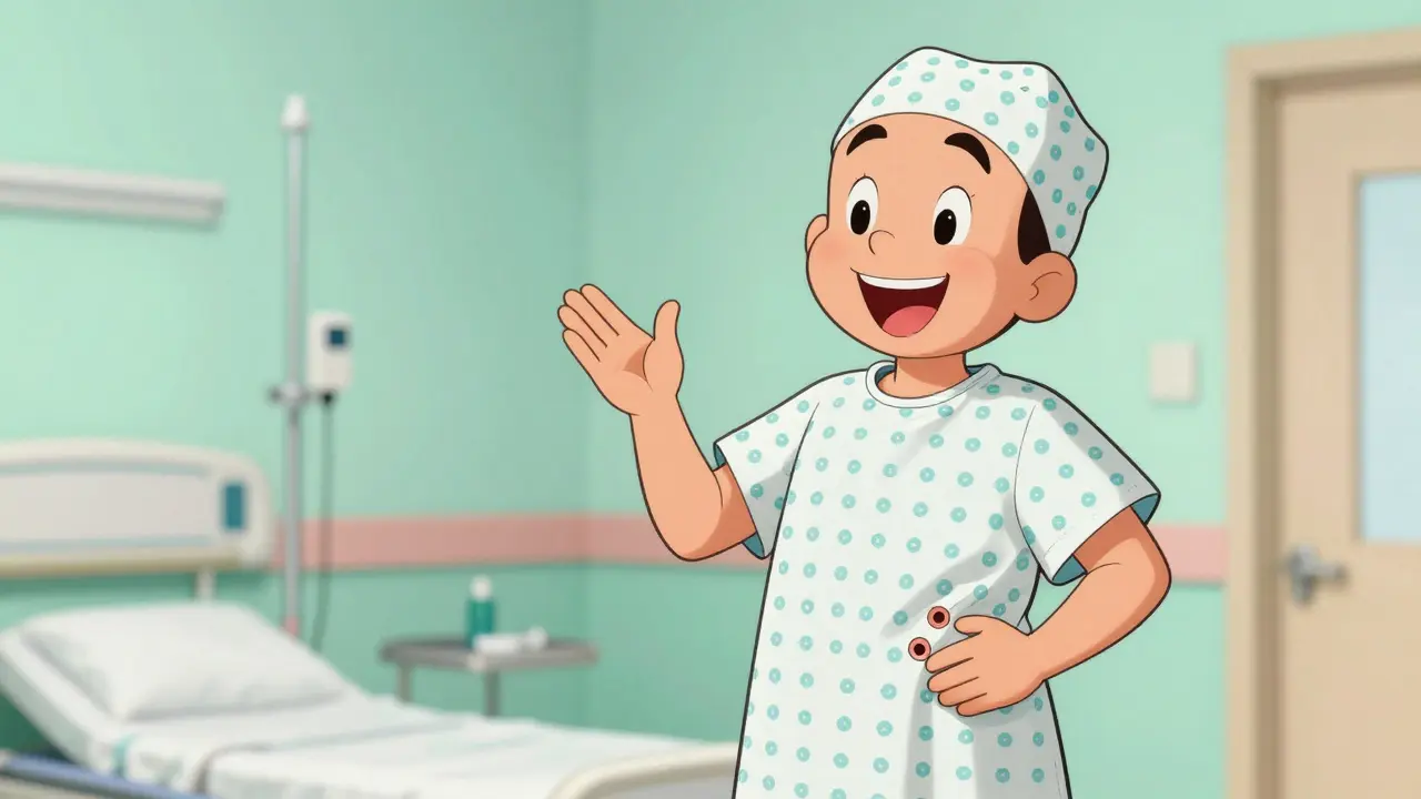 Vintage cartoon of a happy patient recovering from laparoscopic gallbladder surgery.