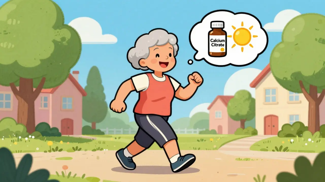 Vintage cartoon of a senior woman walking for exercise with calcium and vitamin D icons.