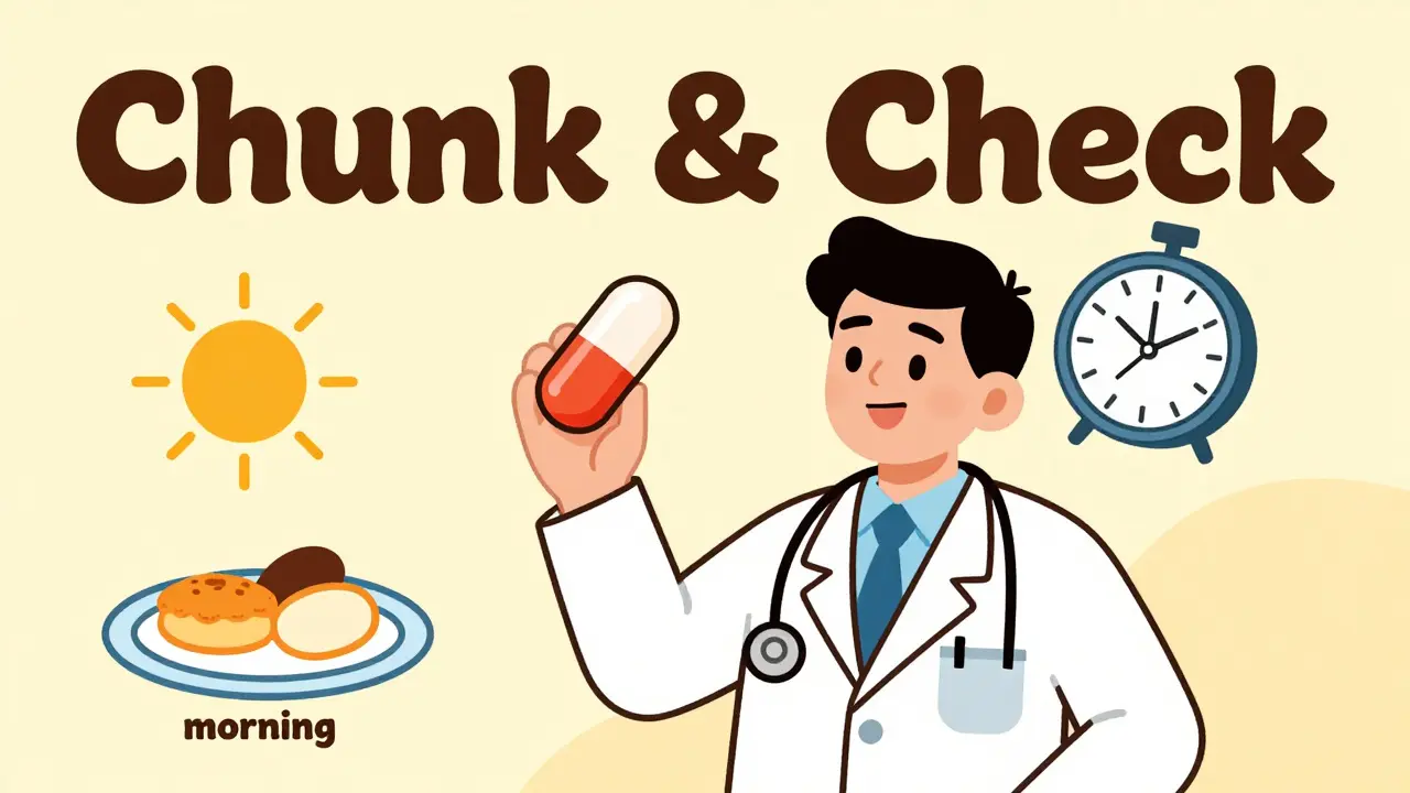 Vintage cartoon showing a doctor using simple visual aids like a clock and breakfast to explain medication timing.
