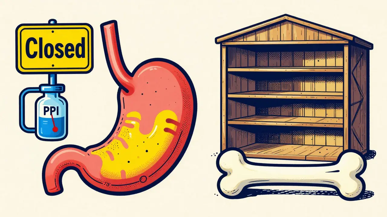 Vintage illustration showing the connection between stomach acid suppression and bone density loss.