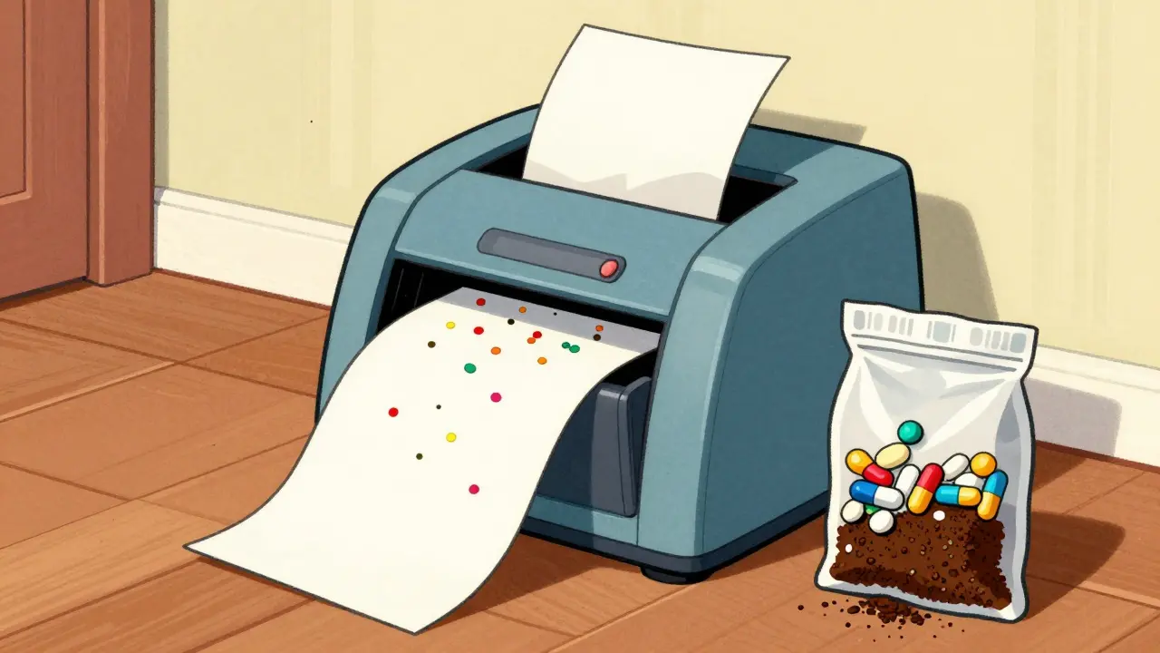 Vintage style drawing of a paper shredder destroying medication labels