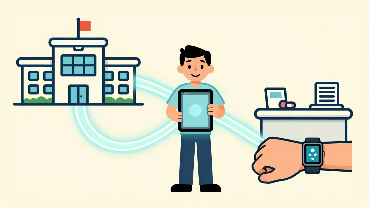 Data flowing from hospital and pharmacy to patient tablet in retro art