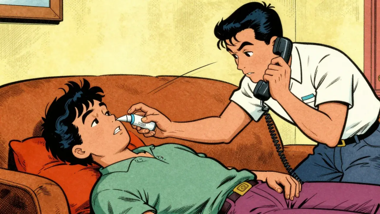 Family administering naloxone spray during emergency in retro art style
