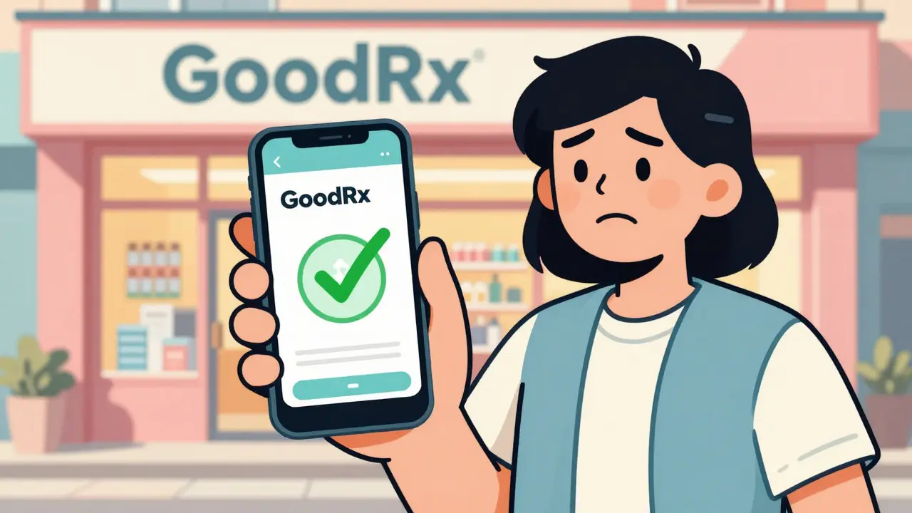 Happy person using phone app to find discounted medicine coupon