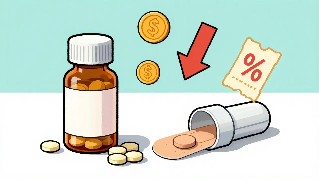 Illustration comparing generic pills and patches with savings icons.