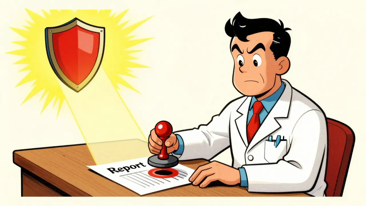 Illustration of a pharmacist stamping a report, sending a beam of light toward a safety shield.