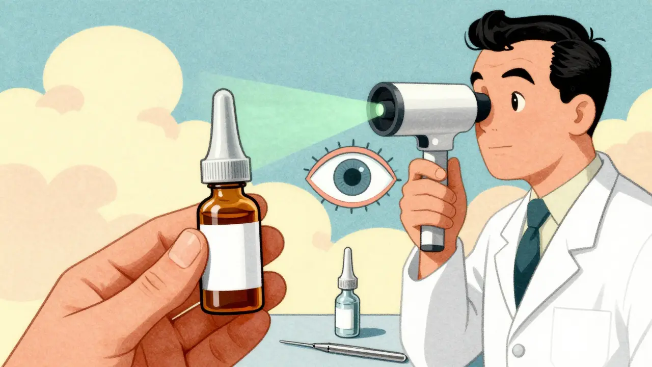 Illustration of eye drops, laser, and stent treatments