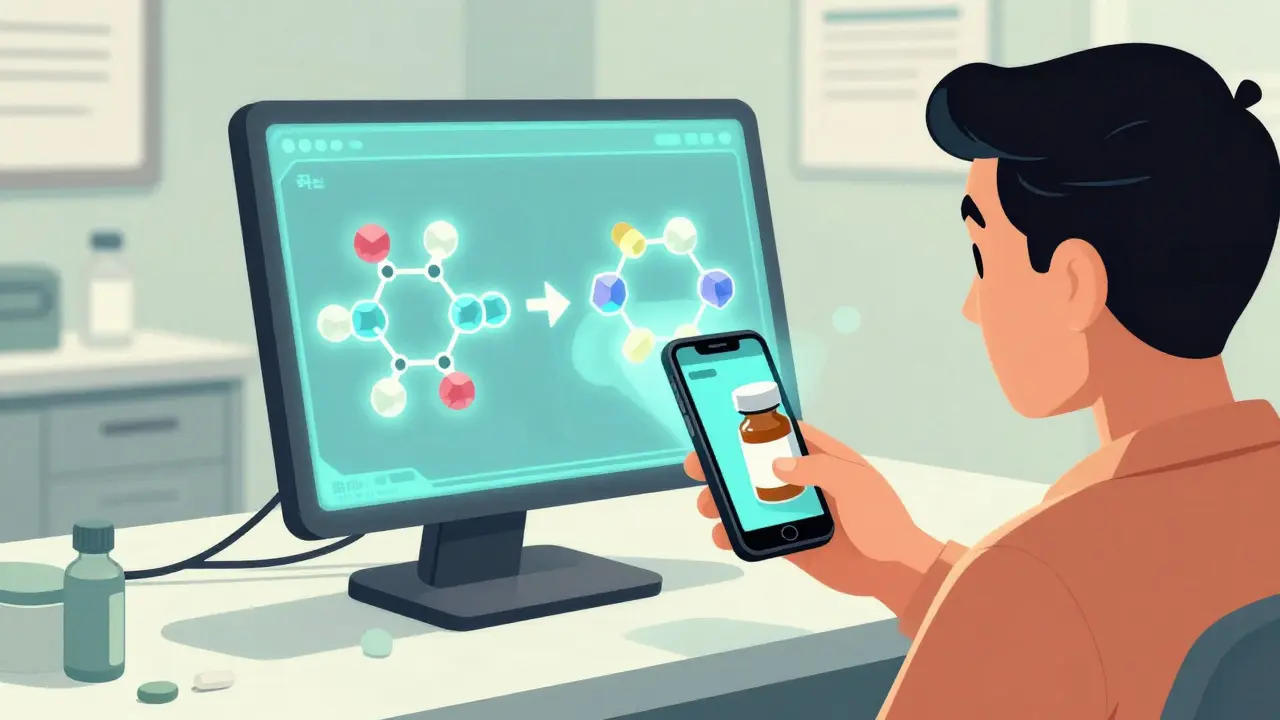 Patient scanning medicine bottle with phone showing 3D molecular comparison