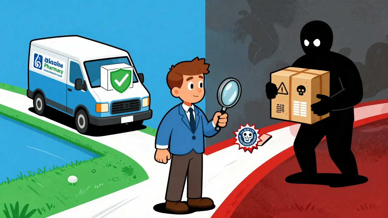 Person checking for safety seals while avoiding fake medication sellers.