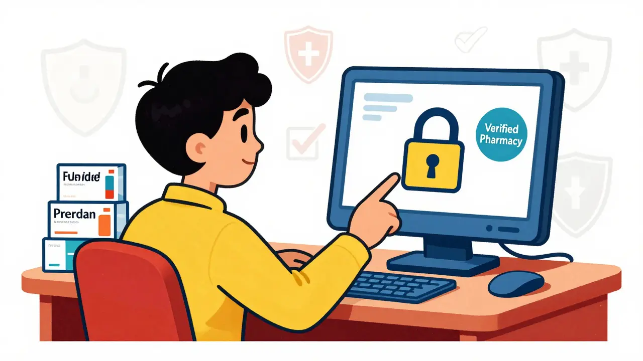 Person safely verifying online pharmacy with security icons