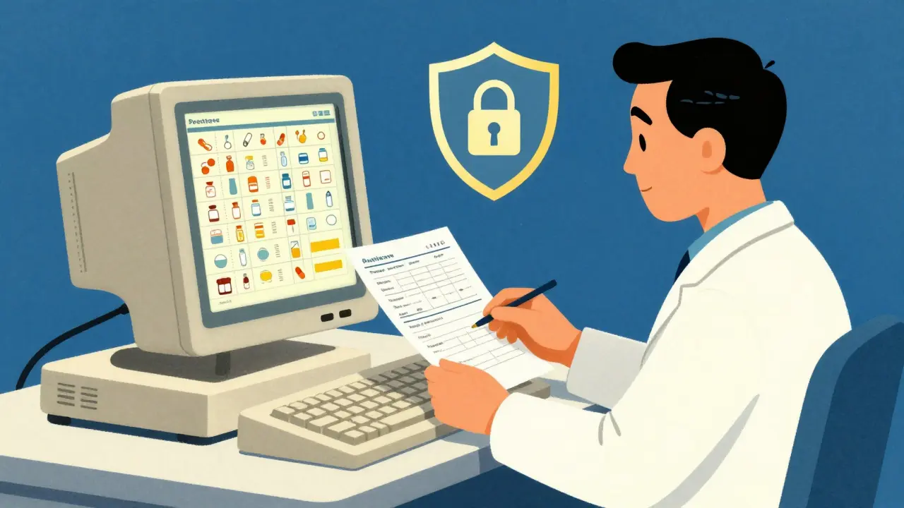 Pharmacist checking secure medication record in vintage illustration