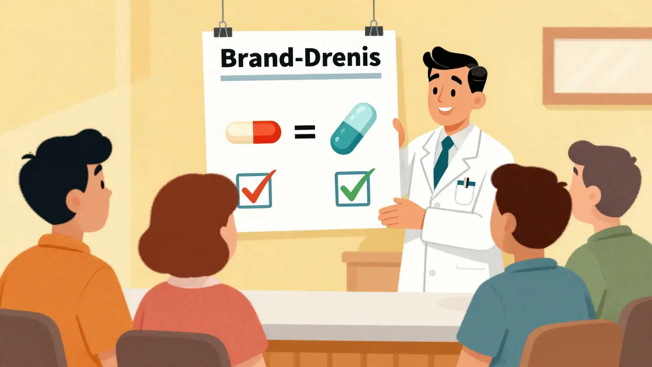 Pharmacist explaining generic drug equivalence to patients using a visual aid
