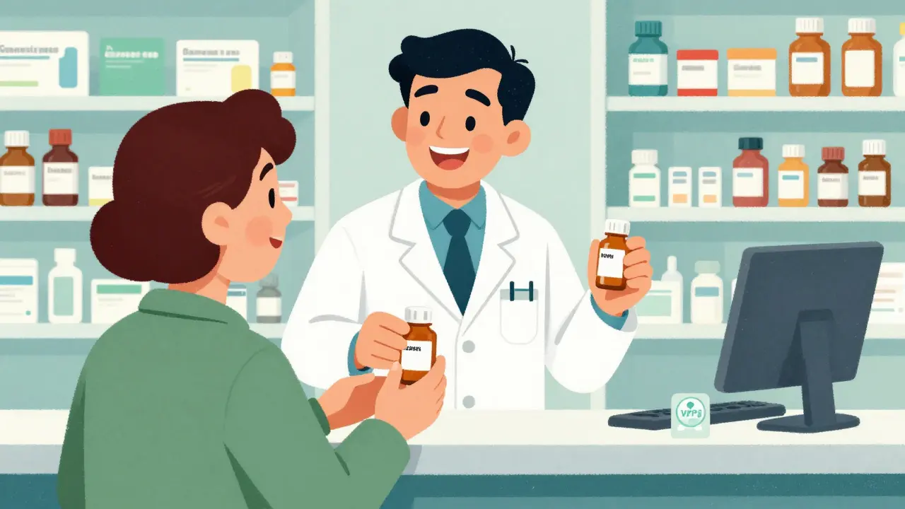 Pharmacist handing prescription to customer