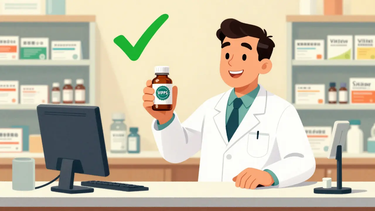 Pharmacist verifying safe medication with seal