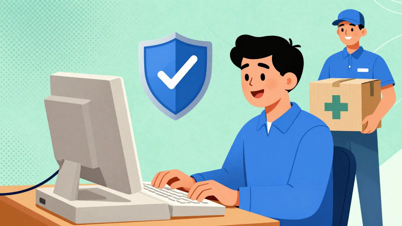 Retro cartoon of safe online medication ordering with security shield