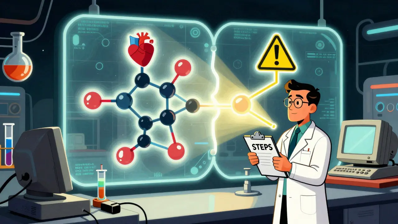 Retro cartoon scientist examining molecular pathways for drug safety