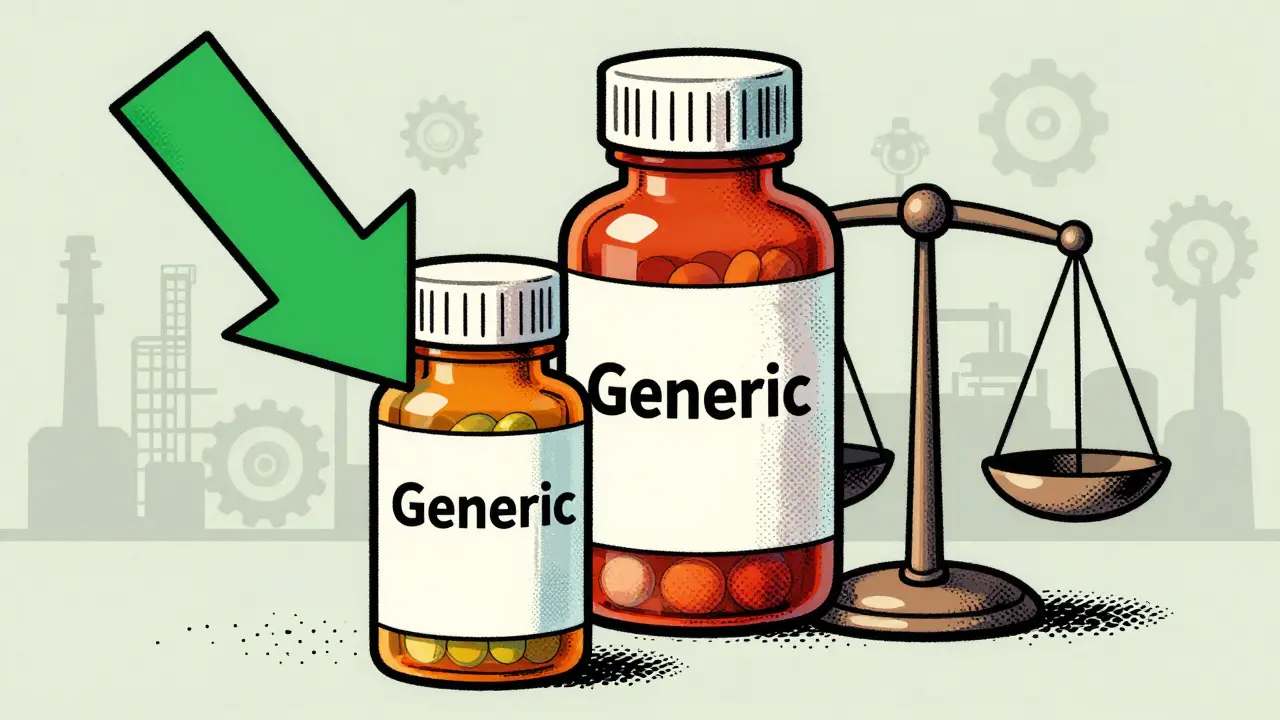 Retro illustration showing generic drugs lowering costs via price comparison.