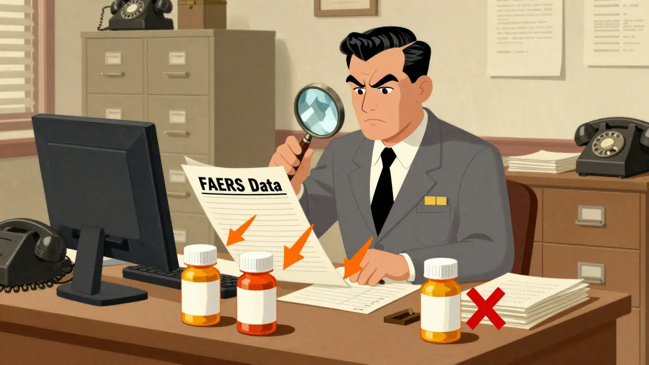 Vintage cartoon of inspector analyzing data patterns for drug alerts