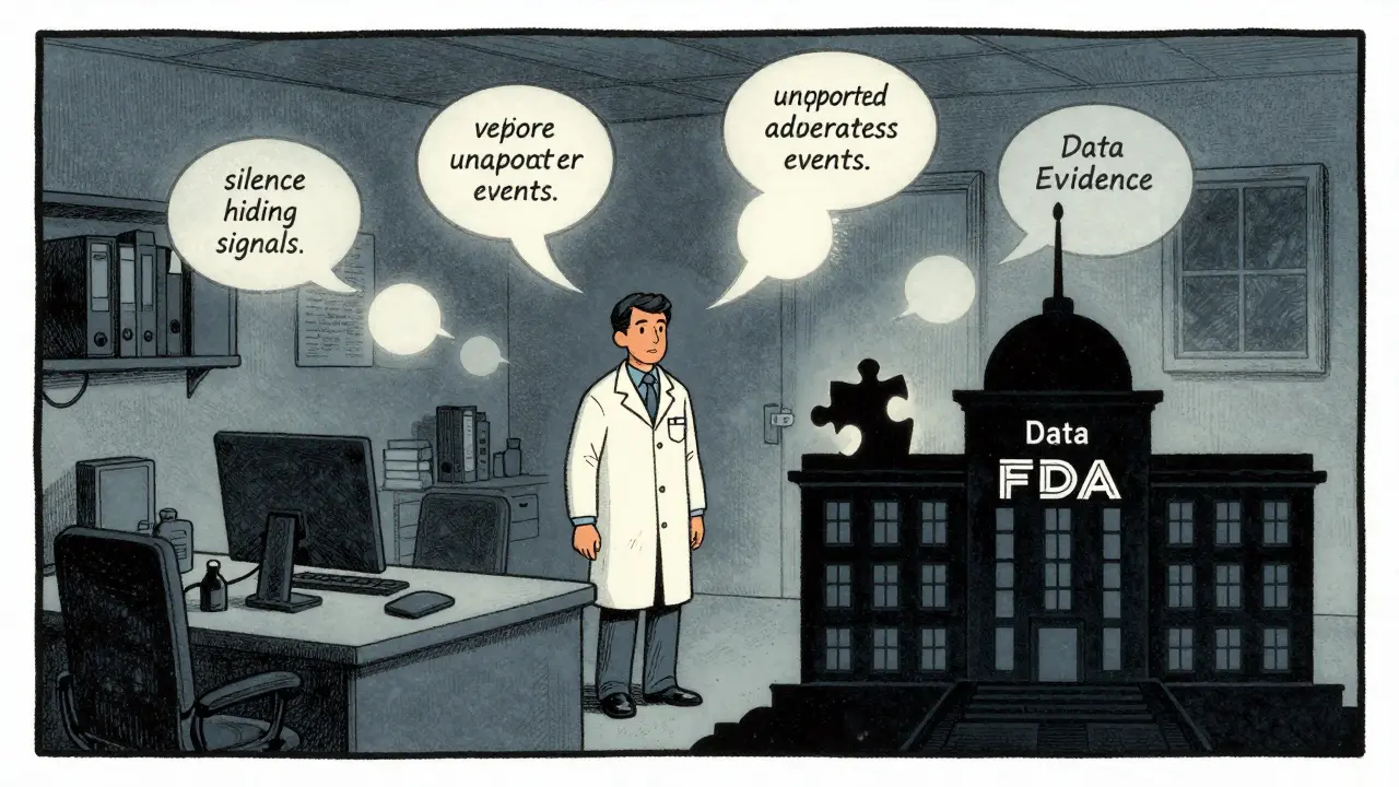 Vintage cartoon showing fading speech bubbles around a pharmacist, symbolizing unreported data.