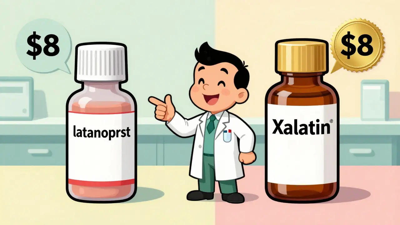 Vintage illustration comparing cheap generic vs expensive brand eye drops