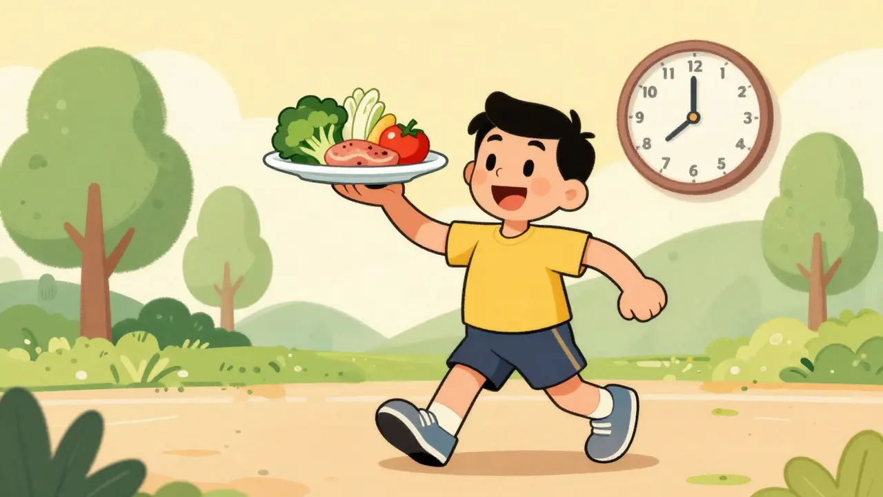 Cartoon character exercising and eating healthy to manage weight gain