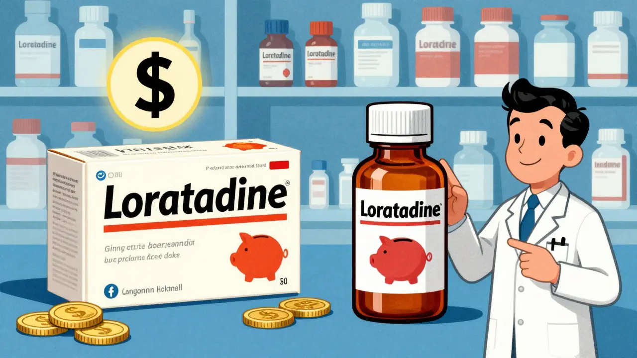 Cartoon comparing expensive brand vs cheap generic pills