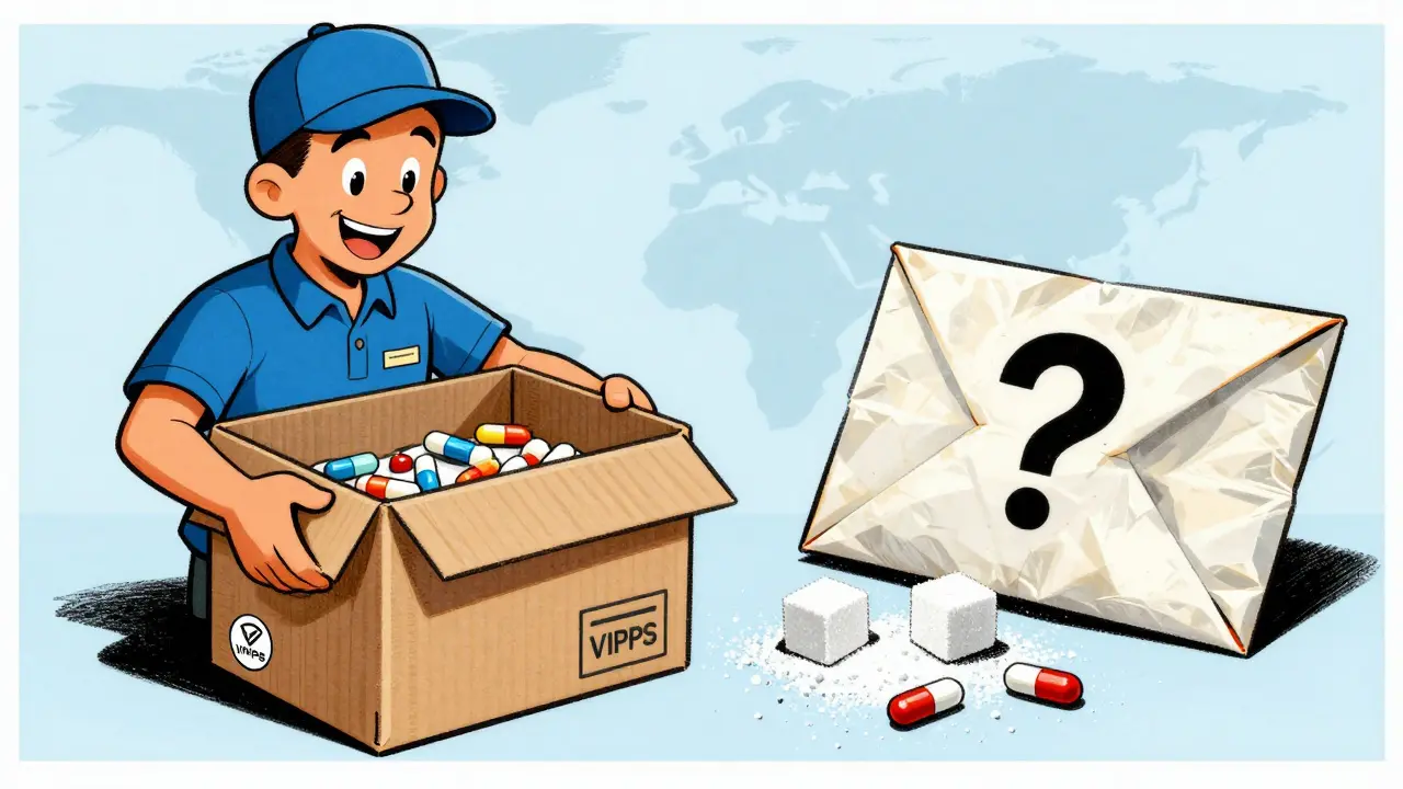 Cartoon comparing safe pharmacy delivery with dangerous counterfeit pills