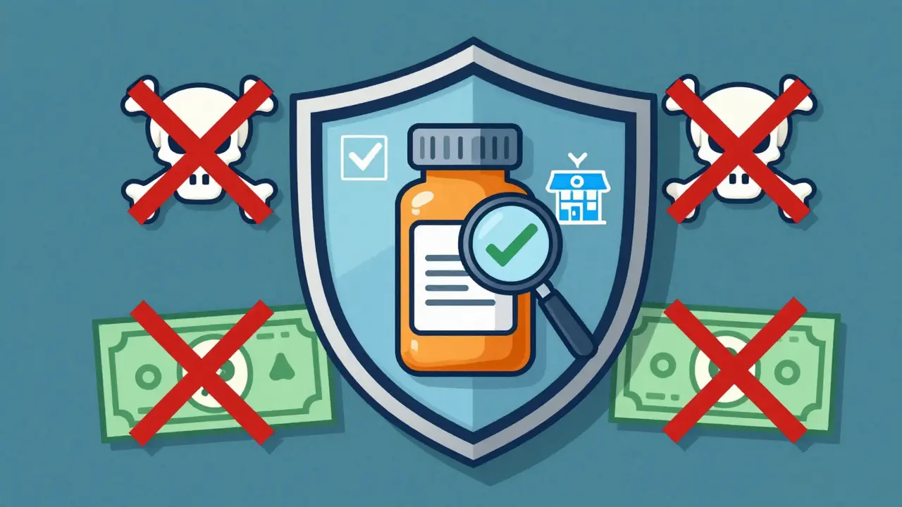 Cartoon graphic showing safety seals protecting against counterfeit medication scams online.