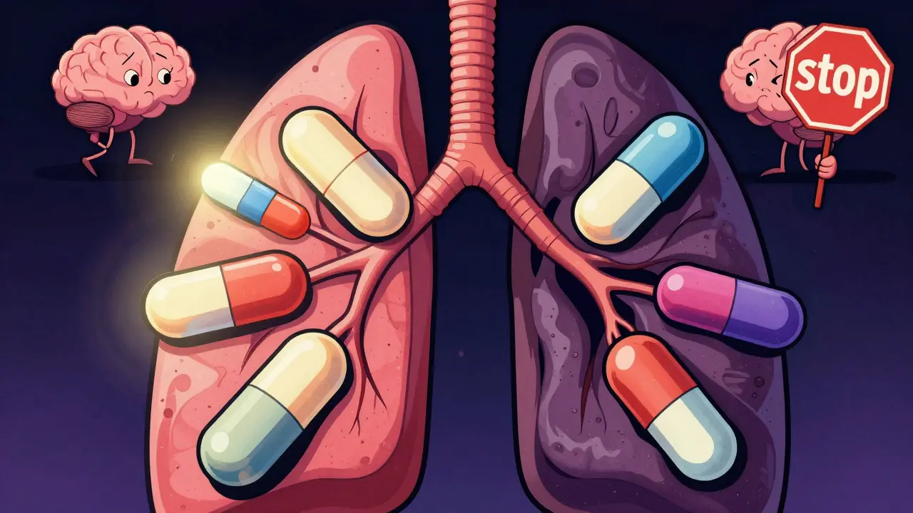Constricted lungs squeezed by dangerous pills, vintage cartoon illustration