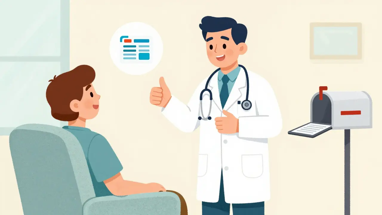 Doctor on tablet gives prescription to relaxed patient