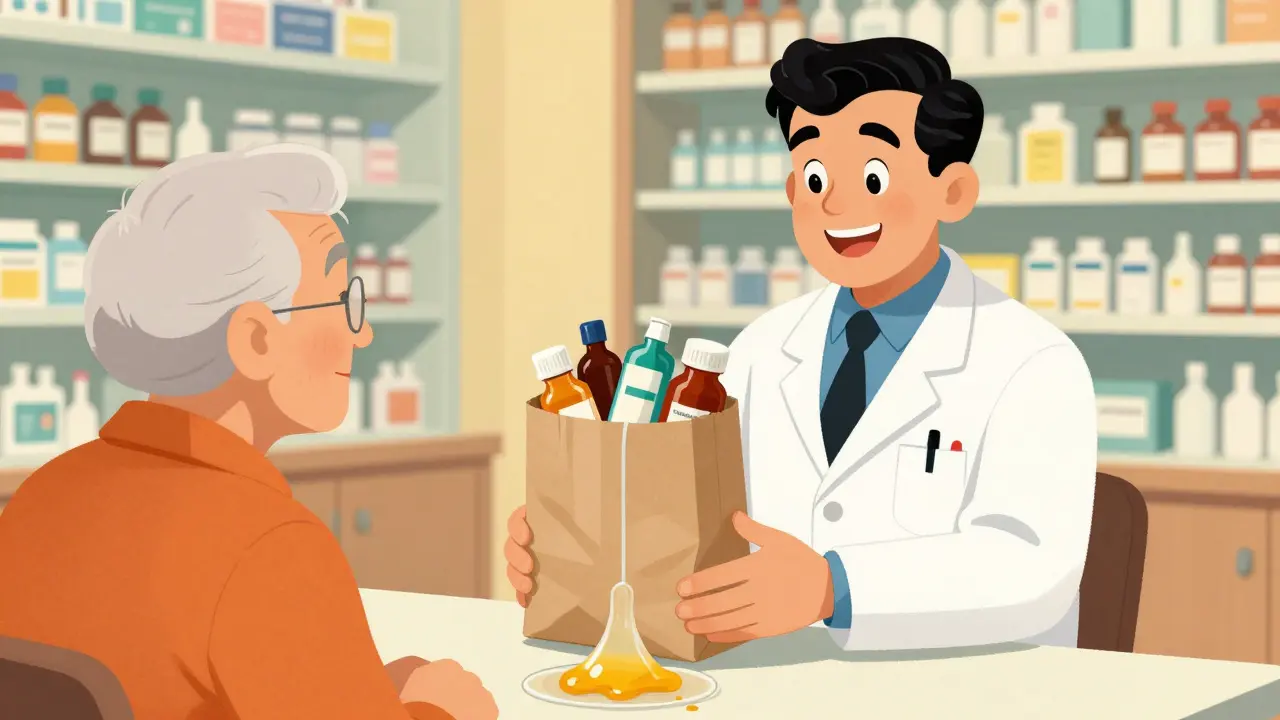 Doctor reviewing medications with patient in bright vintage cartoon style
