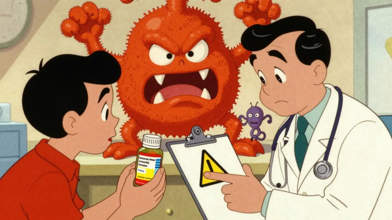 Doctor warns patient about dangerous yeast probiotics in vintage cartoon style