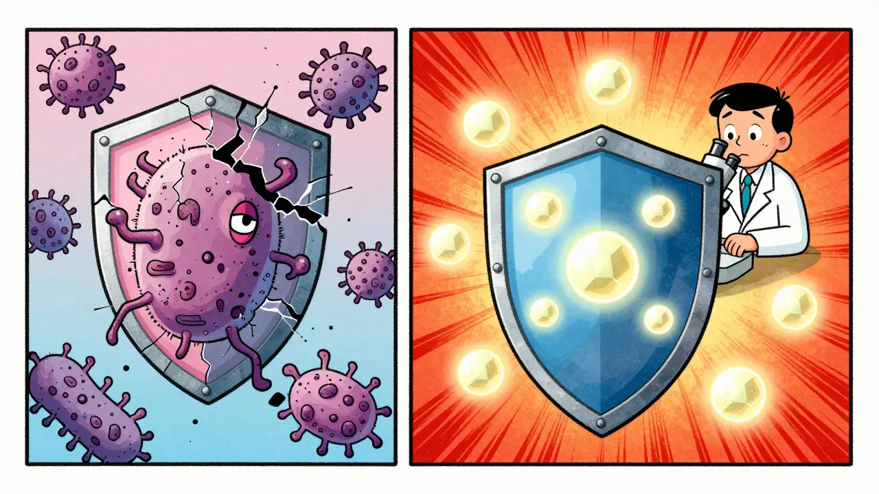 Illustration comparing risky live bacteria to safe postbiotics protecting immunity