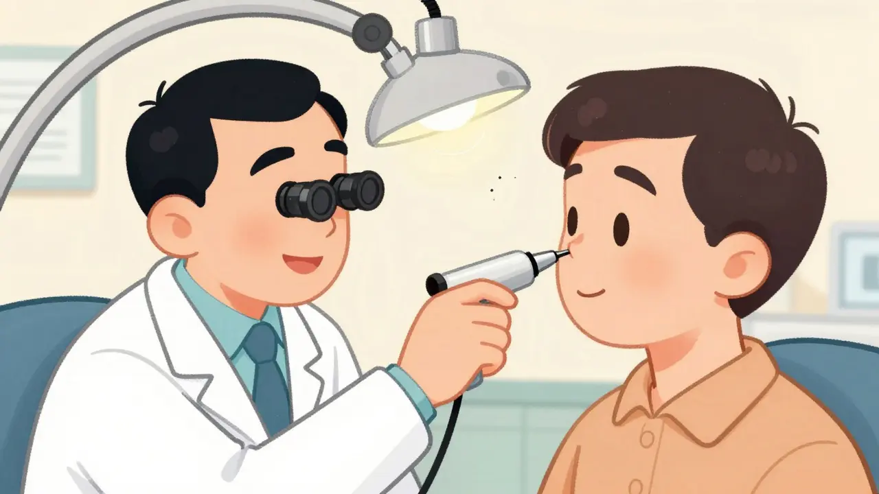 Illustration of doctor performing safe microsuction ear cleaning