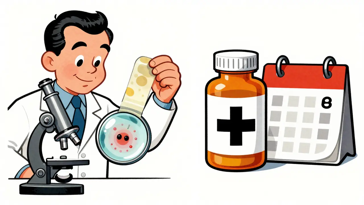 Illustration of Scotch tape test and medication pills