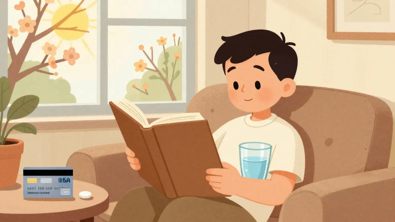 Person relaxing at home with allergy pills and a glass of water
