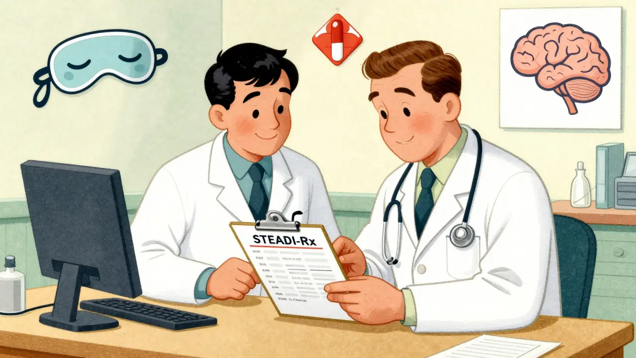 Pharmacist and doctor reviewing medication list to prevent falls