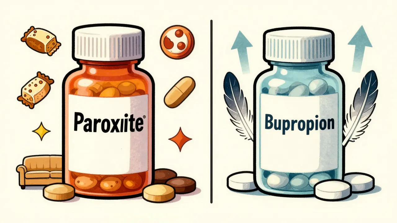 Retro illustration comparing heavy Paroxetine vs light antidepressants