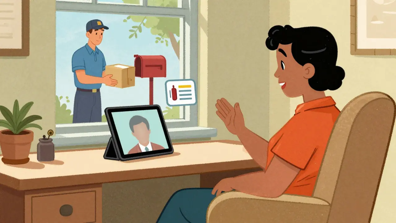 Retro illustration of a patient using telehealth to get a prescription delivered to their home.