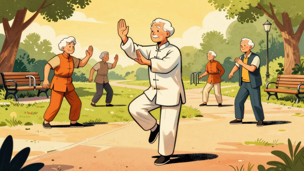 Senior doing Tai Chi exercises in park for balance and fall prevention
