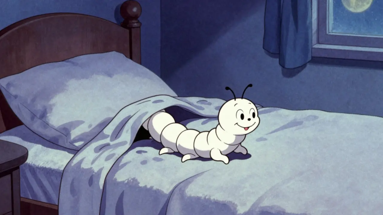 Vintage cartoon of pinworm crawling on bedsheets at night